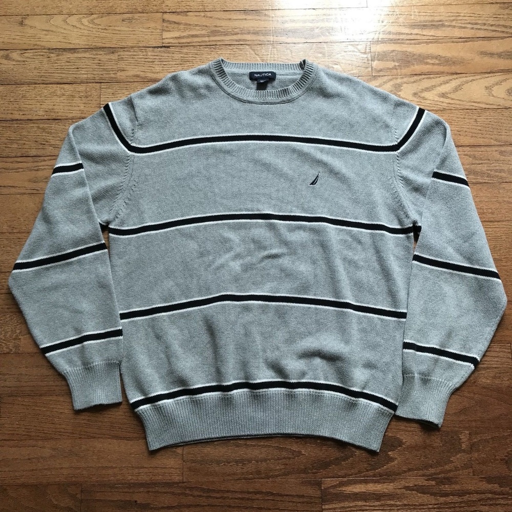 NAUTICA XL Cotton Gray Striped Long Sleeve Sweater